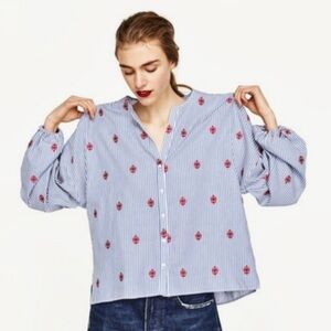 Zara Woman Blue Striped Button Down Embroidered Balloon Sleeve Blouse Size XS